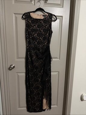 Sleeveless Black Lace Maxi Dress with Nude Underlay